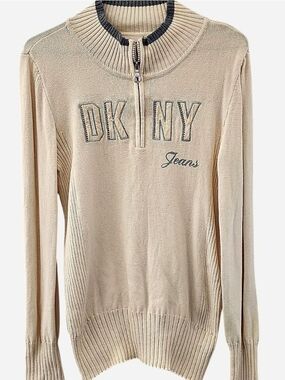DKNY Cream Half-Zip Cowl Neck Sweater with Navy Trim